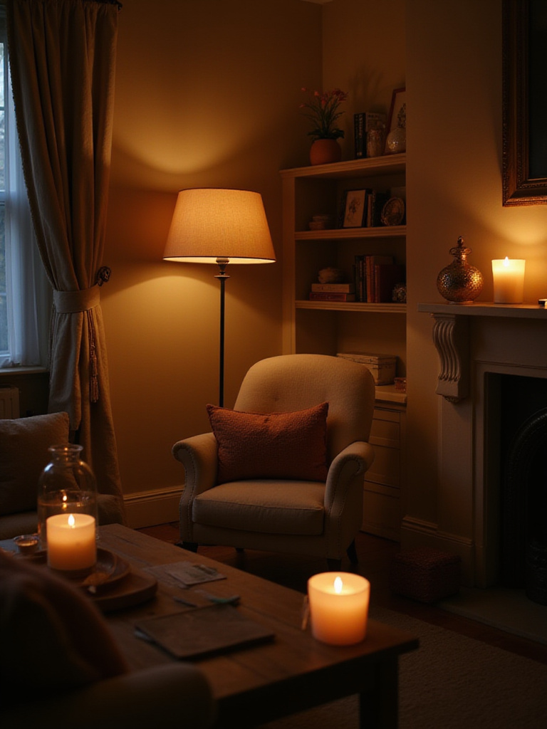 Cozy living room illuminated by layered lighting from lamps and candles.