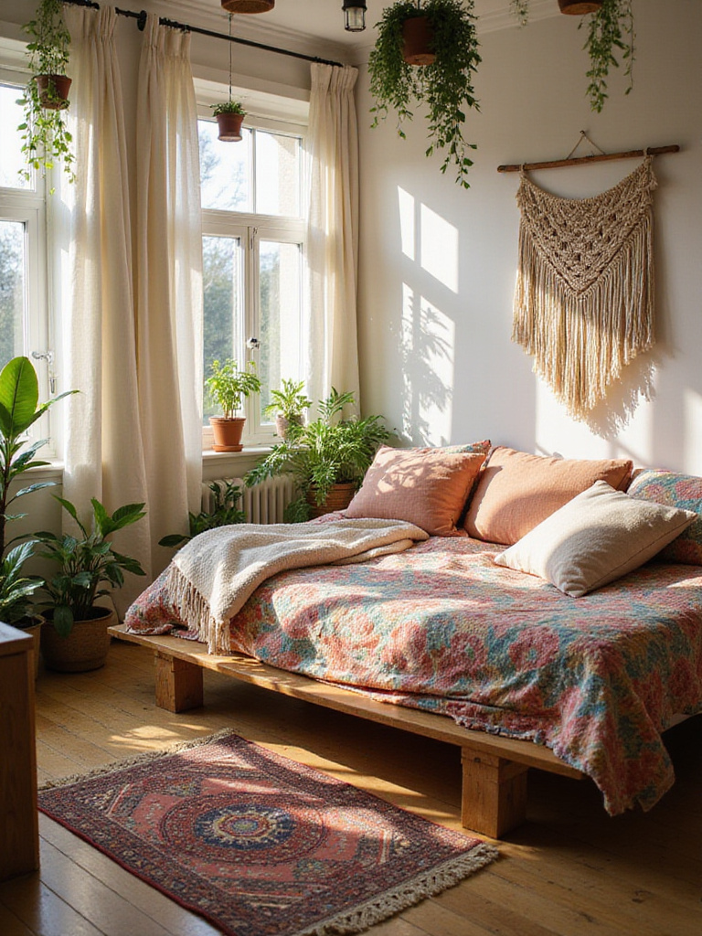 Bohemian bedroom with low bed, macrame wall hanging, and layered textiles.