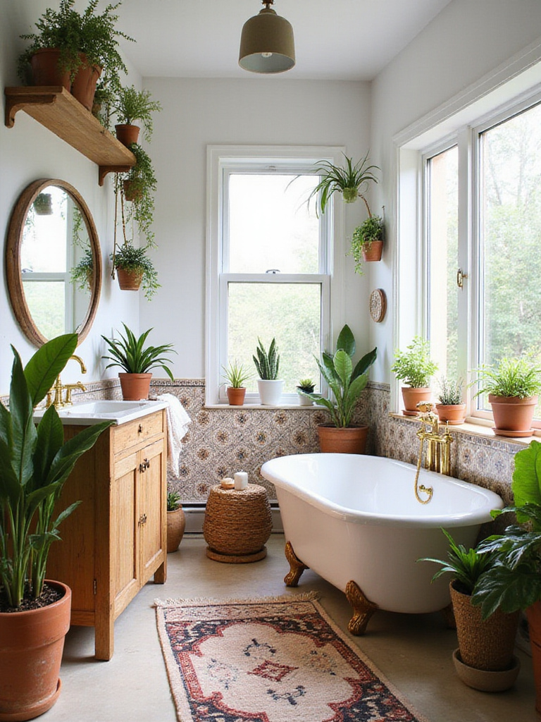Bohemian bathroom with plants and patterned tiles, creating a vibrant and eclectic space.