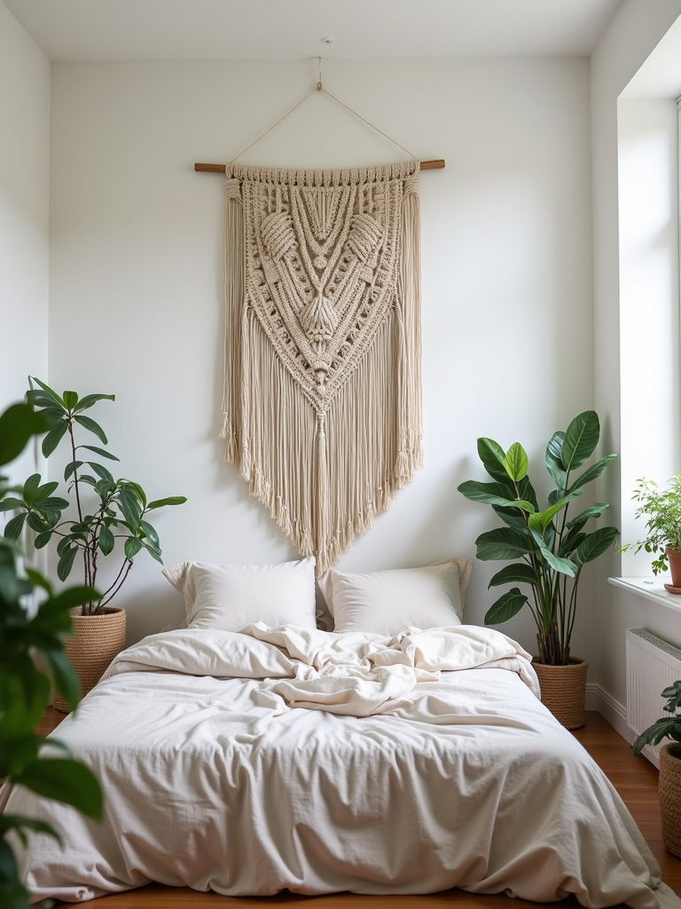 Bohemian bedroom with macrame wall hanging above bed