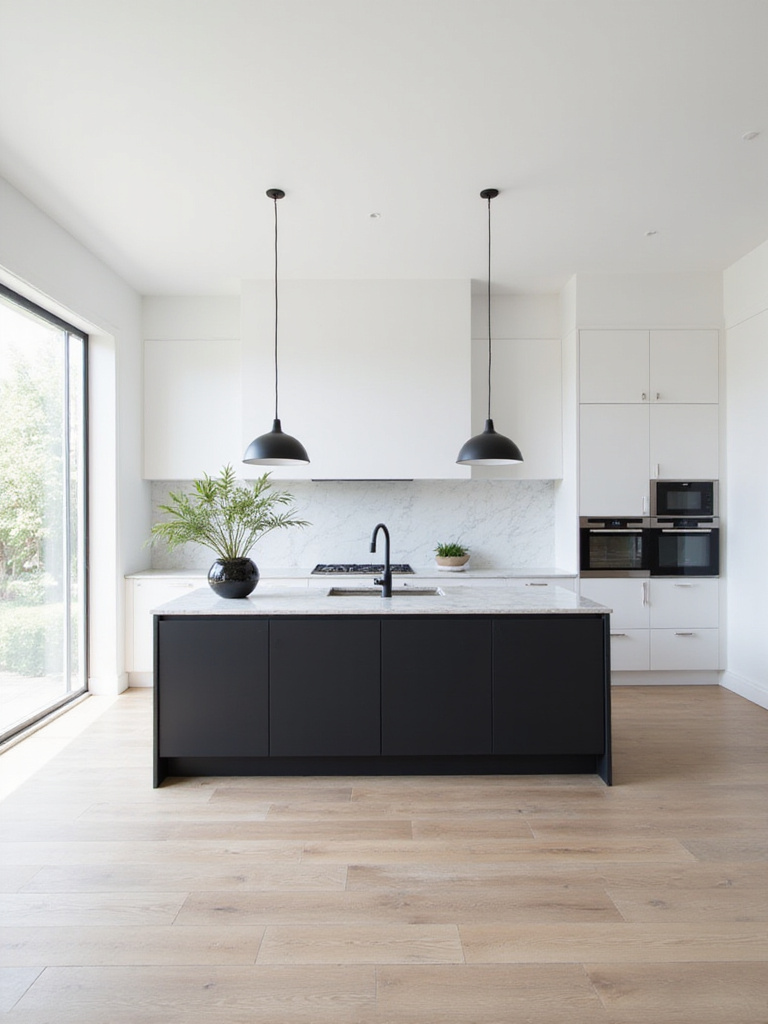 Modern kitchen with white walls, light wood floors, and a black kitchen island with marble countertop and black pendant lights.