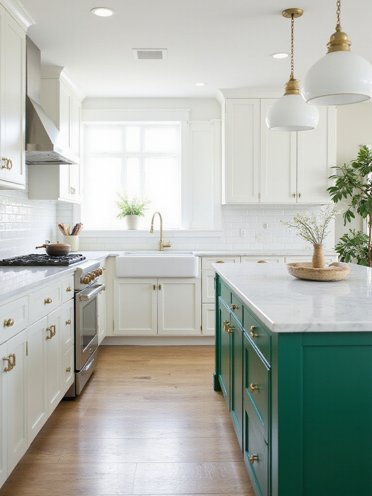 Contemporary kitchen with emerald green island