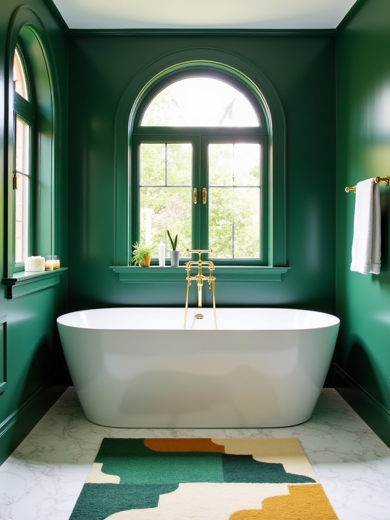 Emerald green bathroom with white bathtub and gold accents