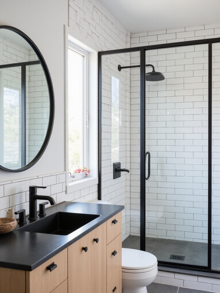 Modern bathroom with white subway tile and matte black fixtures