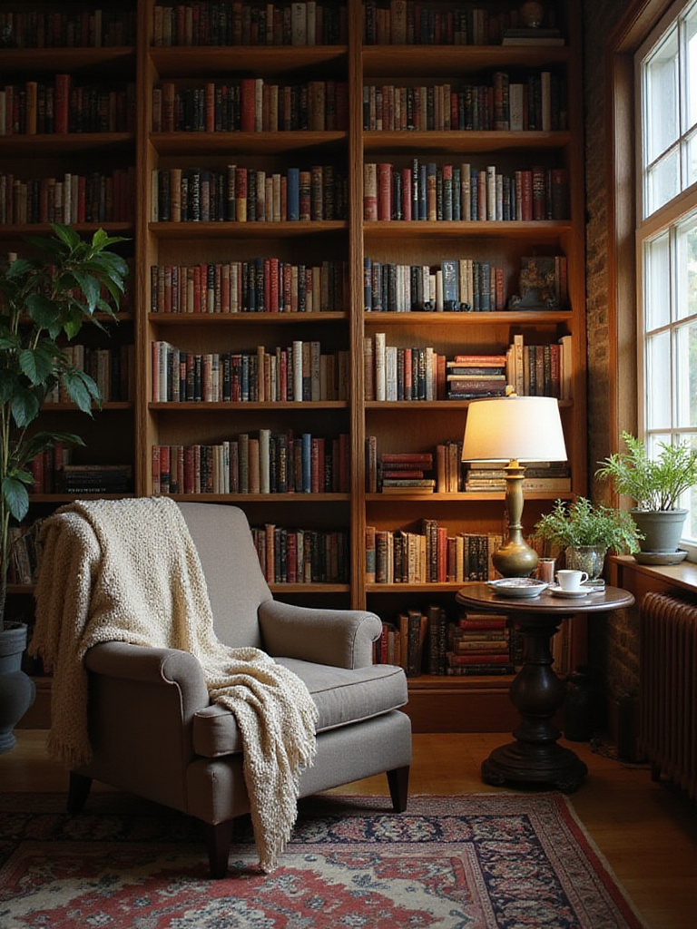 Cozy living room corner with bookshelf, armchair, and warm lighting.