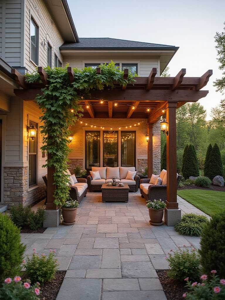 Patio pergola with climbing vines enhances curb appeal