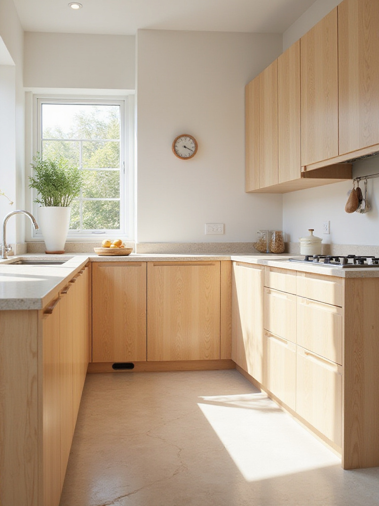 Bright and airy kitchen featuring organic wood cabinets and natural stone countertops.