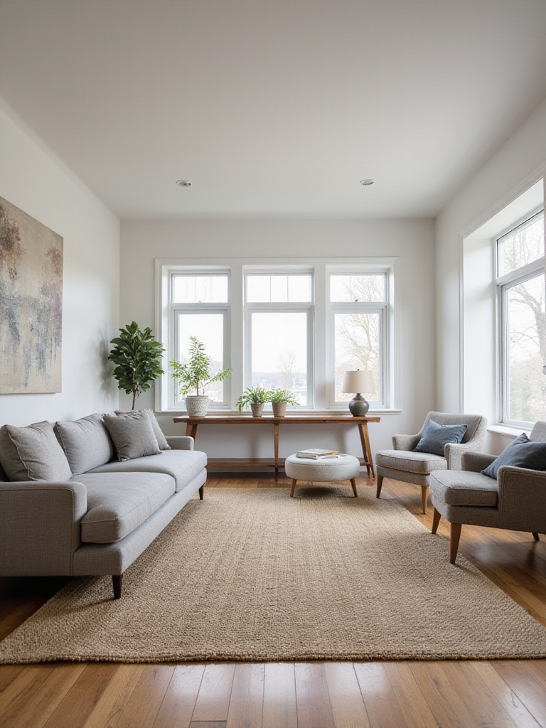 Modern living room with a grey sectional sofa floating in the center of the room, creating a spacious and inviting atmosphere.