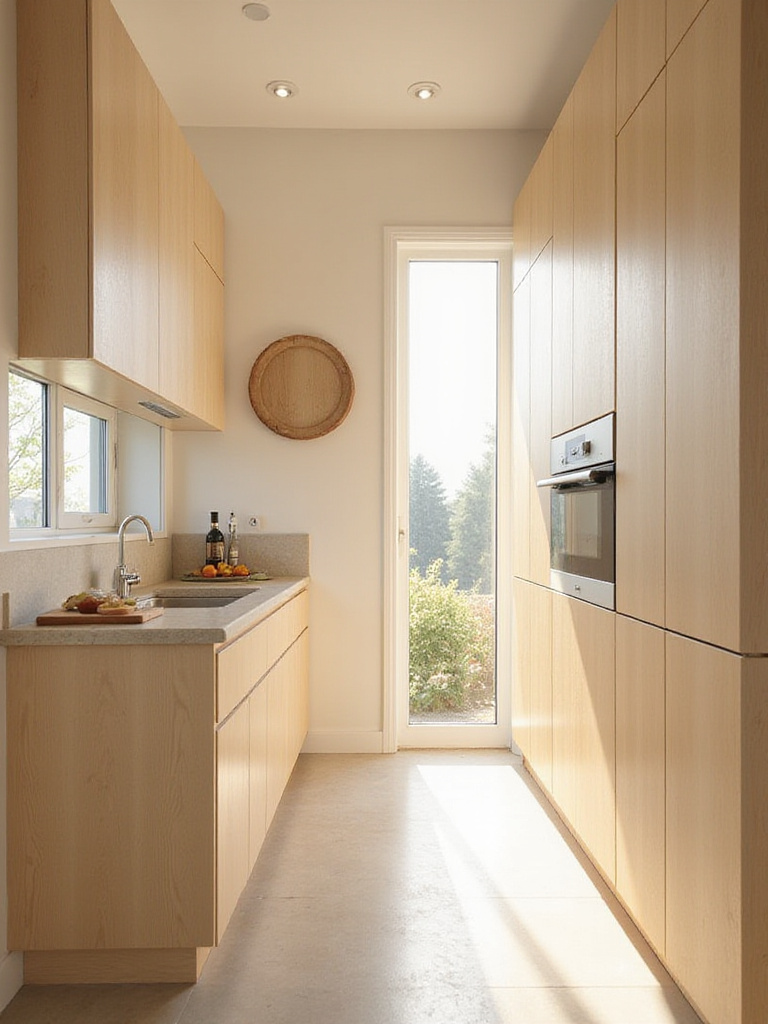 Bright, airy kitchen with organic maple cabinets and natural stone countertops, promoting a healthy, chemical-free environment.