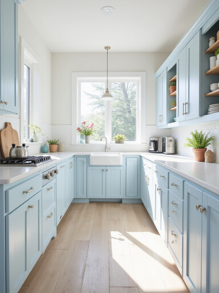 Soft sky blue kitchen cabinets creating an airy and inviting kitchen space