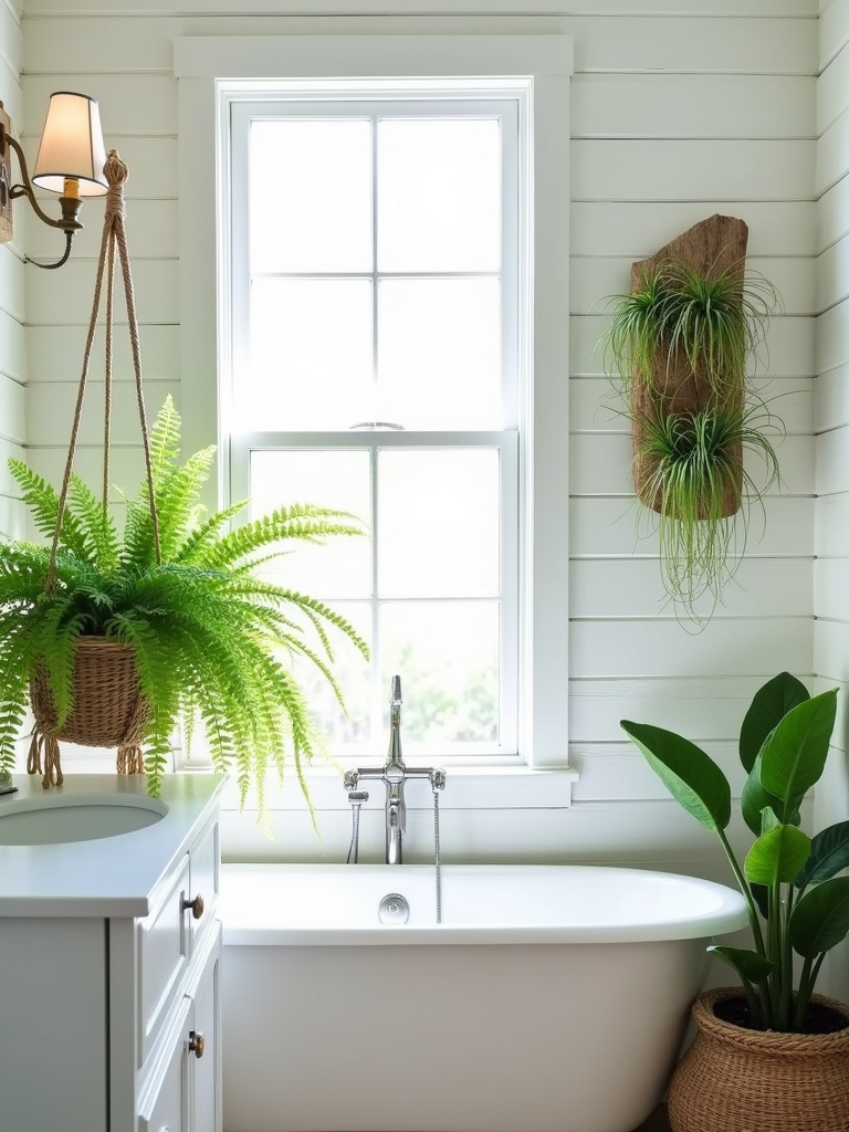 Coastal bathroom with lush green plants creating a relaxing and spa-like atmosphere
