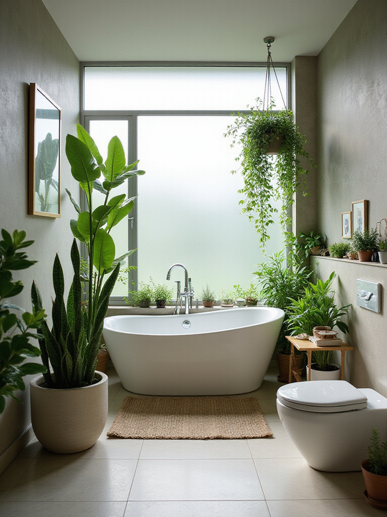 Modern bathroom with lush greenery creating a spa-like atmosphere