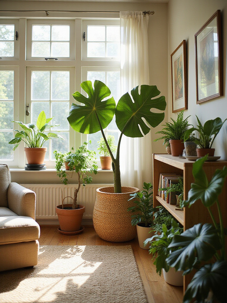 Cozy living room with lush indoor plants creating a natural and relaxing atmosphere.