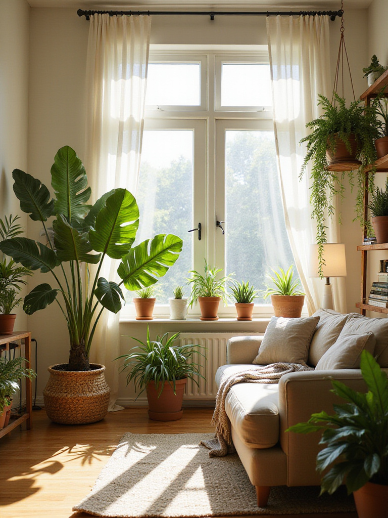 Cozy living room with lush greenery, creating a relaxing and inviting atmosphere.