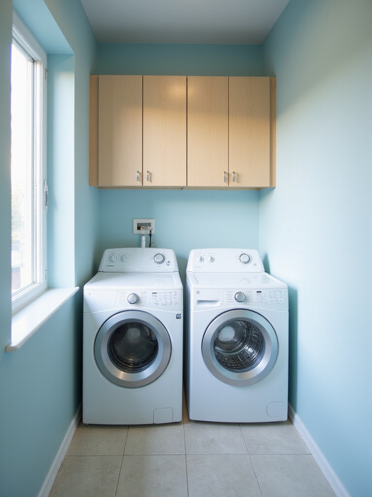 Bright and airy laundry room with light blue walls and natural light.