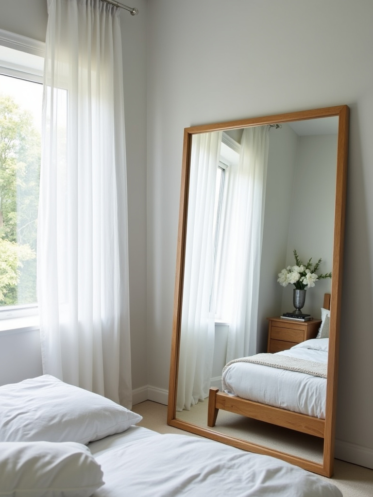 Bedroom with large mirror reflecting light and creating a sense of spaciousness.