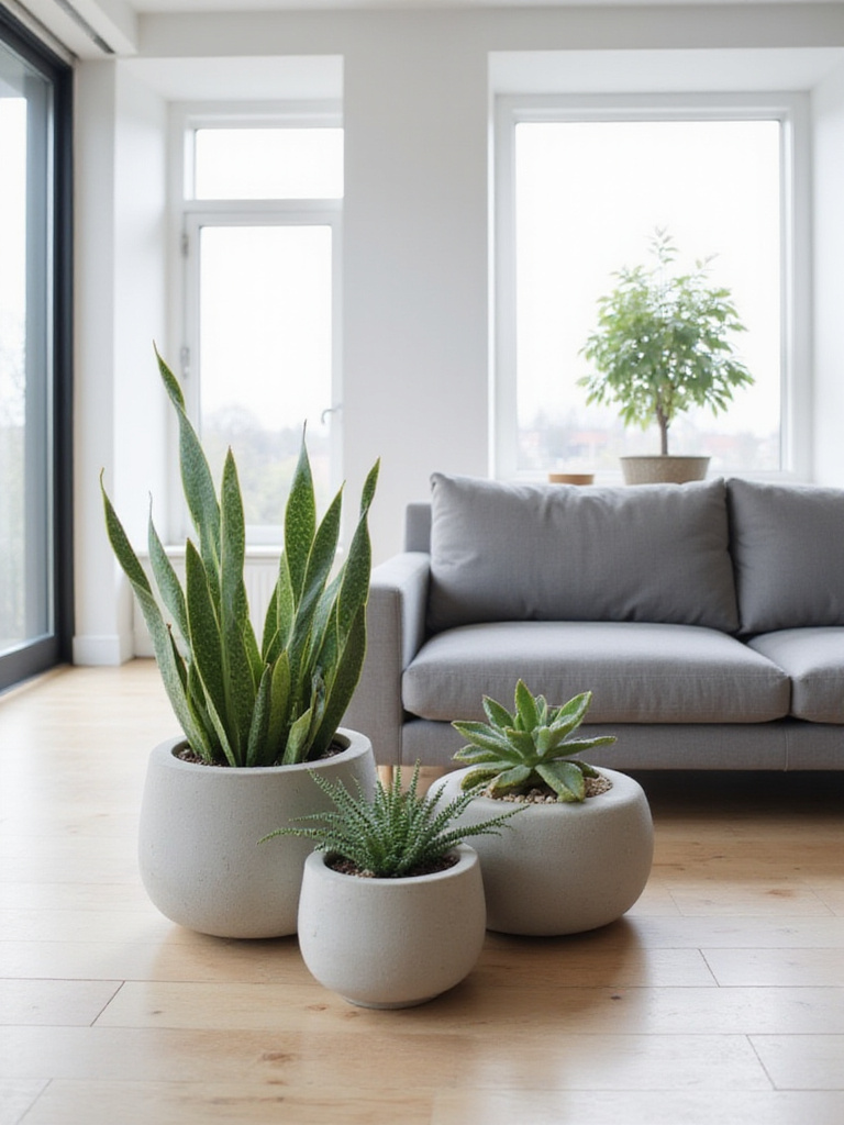 Modern living room with minimalist concrete planters featuring snake plant, ZZ plant, and succulent.