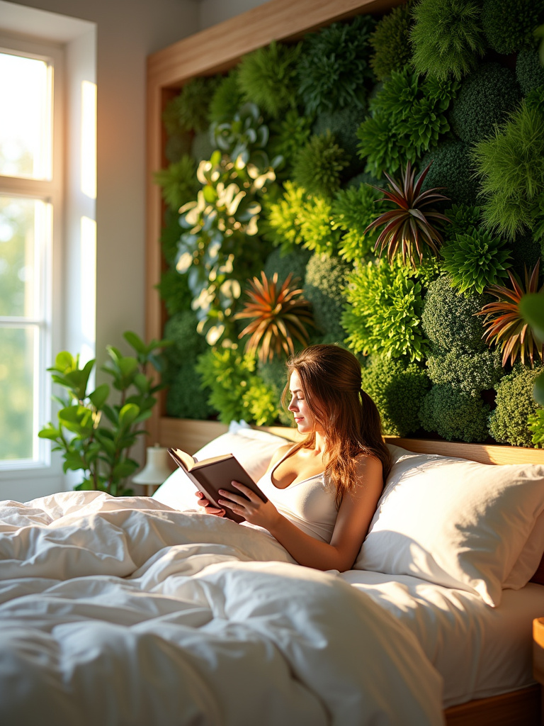 Lush vertical garden behind a bed in a modern bedroom, creating a calming and natural atmosphere.