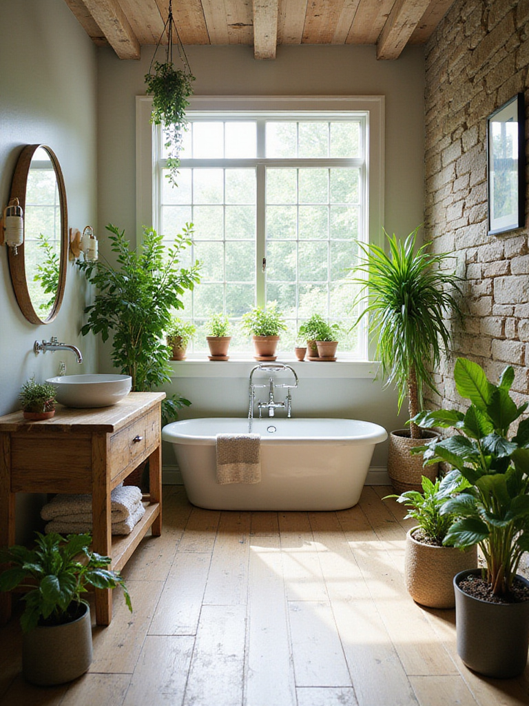Rustic bathroom with reclaimed wood vanity and various plants enhancing the natural ambiance.