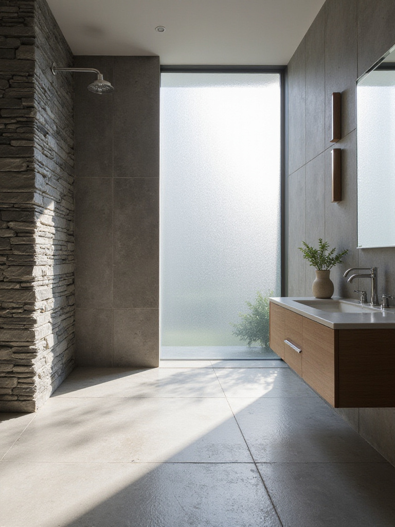Bathroom with natural stone limestone floor and slate shower walls