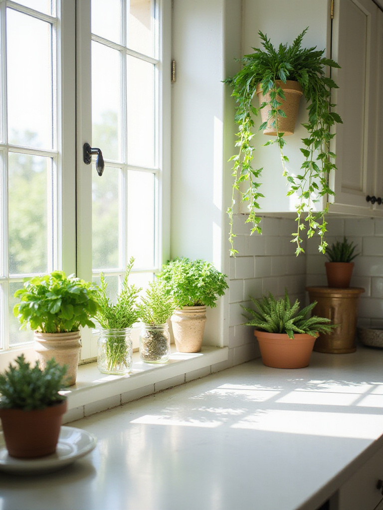 Bright kitchen with herbs on windowsill and trailing plants on cabinets