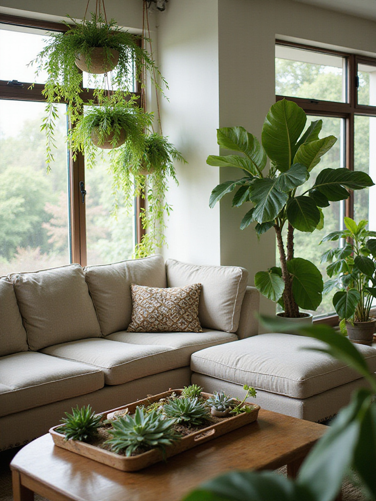 Living room interior with lush greenery creating a vibrant and inviting atmosphere.