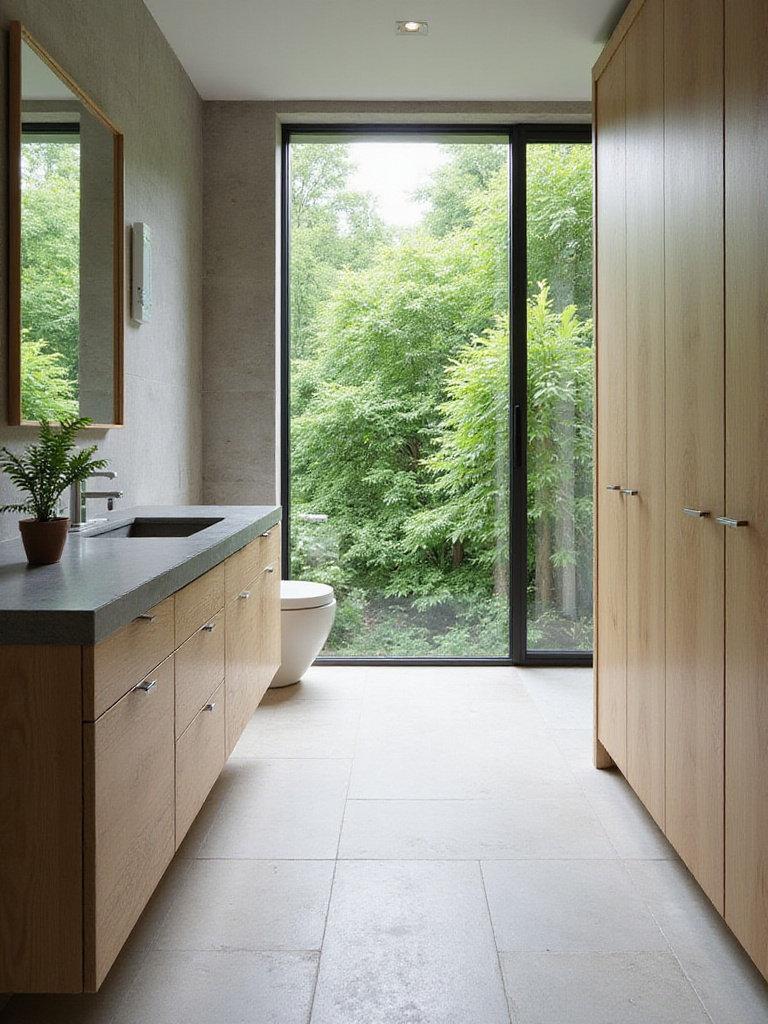Modern bathroom with natural materials, including wood vanity, slate countertop, and travertine flooring, overlooking a green garden.
