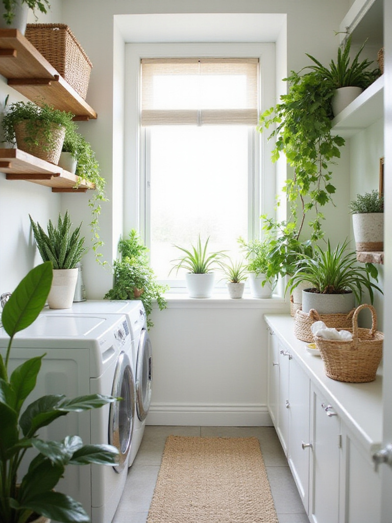 Laundry room with plants, creating a natural and refreshing space