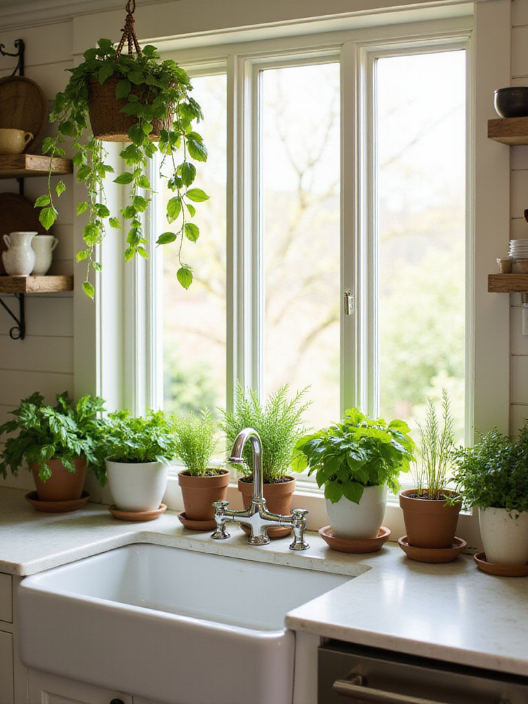 Farmhouse kitchen with windowsill herb garden and hanging plants