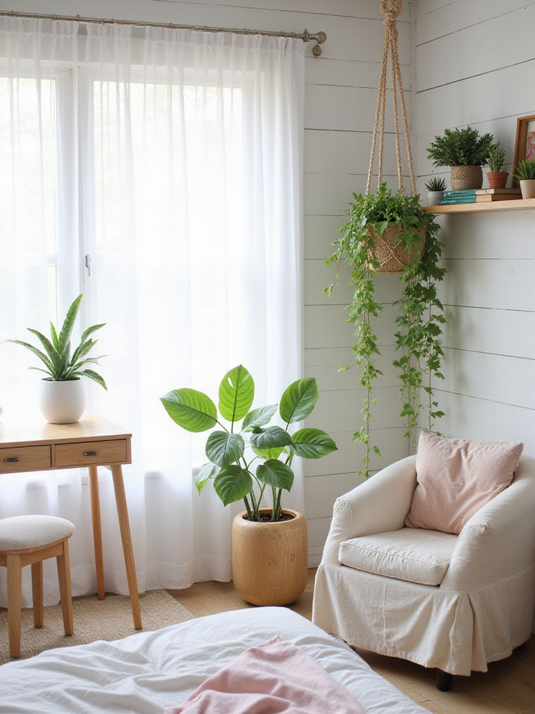 Teen girl's bedroom with trendy indoor plants, including Pothos, snake plant, and succulents, creating a calming and natural atmosphere.