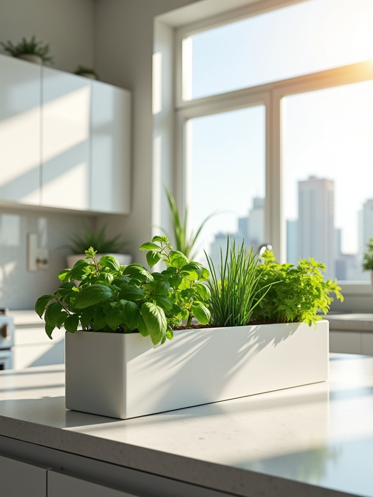 Contemporary kitchen with indoor herb garden on countertop.