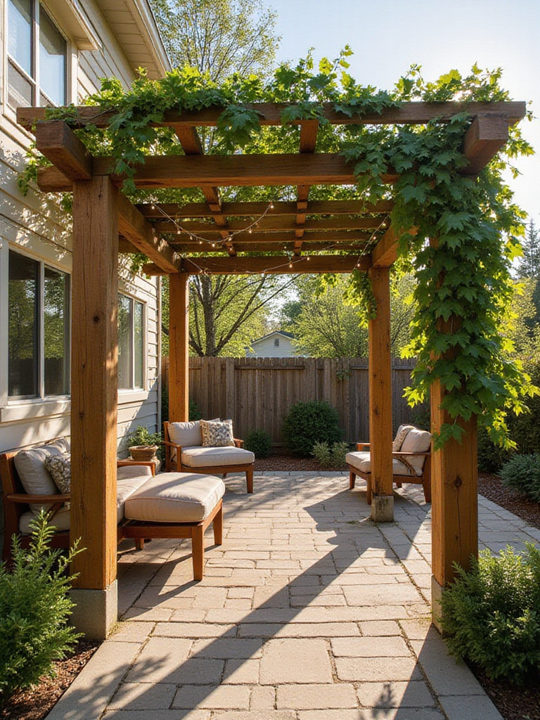 Budget-friendly pergola patio with climbing vines and string lights