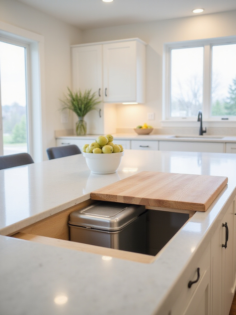 Modern kitchen island with a built-in cutting board and integrated trash chute for efficient food preparation.