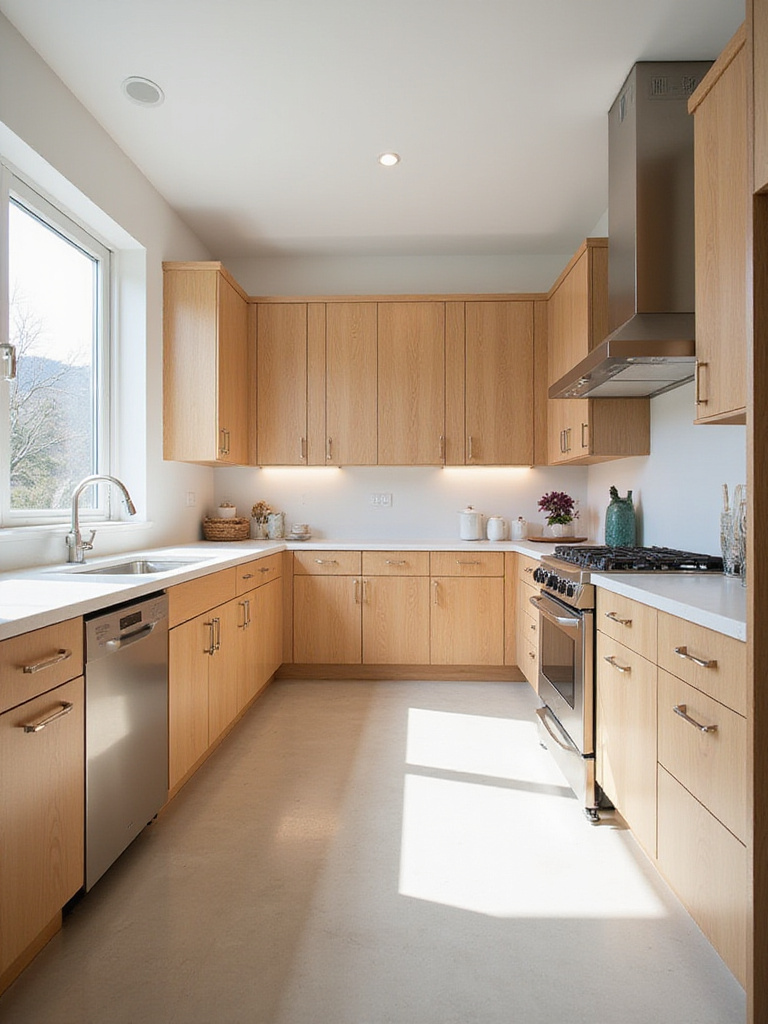 Durable and beautiful organic oak kitchen cabinets in a modern kitchen setting.