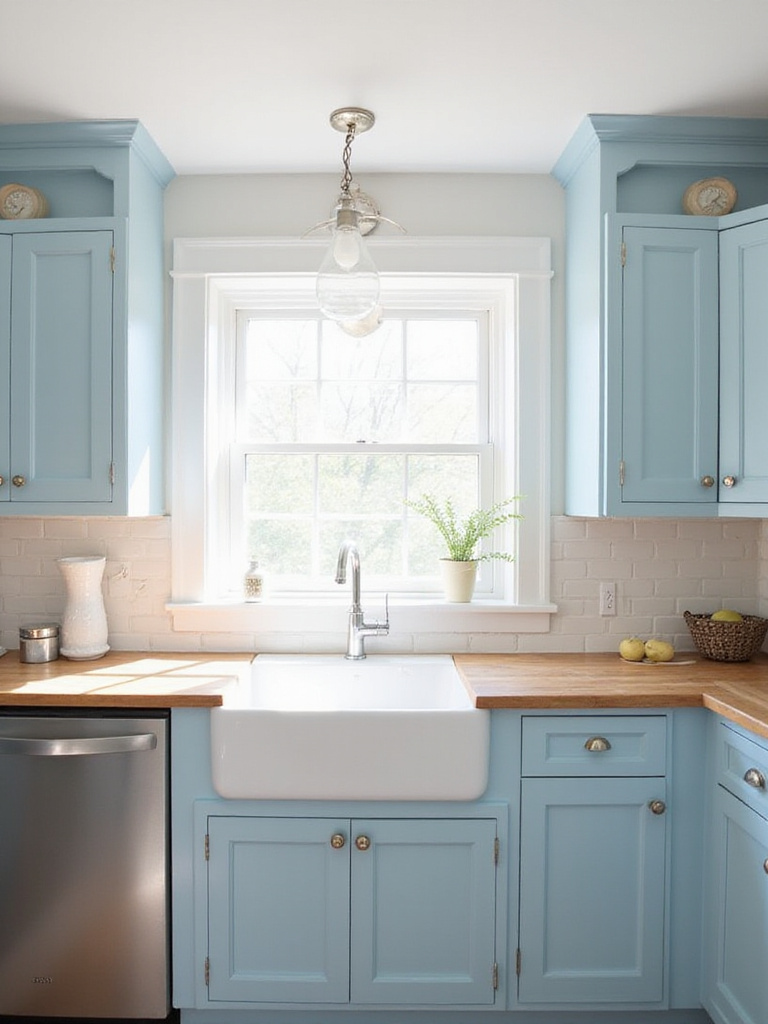 Calming blue kitchen with butcher block countertops and white farmhouse sink