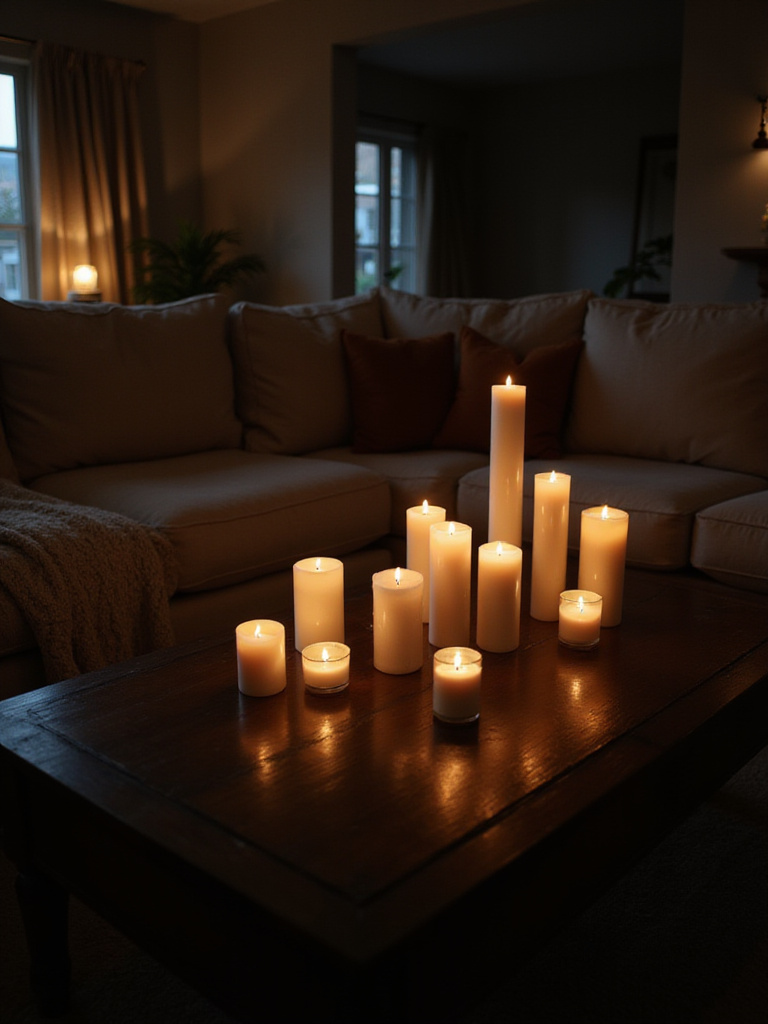 Cozy living room with candlelight ambiance from pillar candles and flameless candles on a dark wood coffee table at dusk.