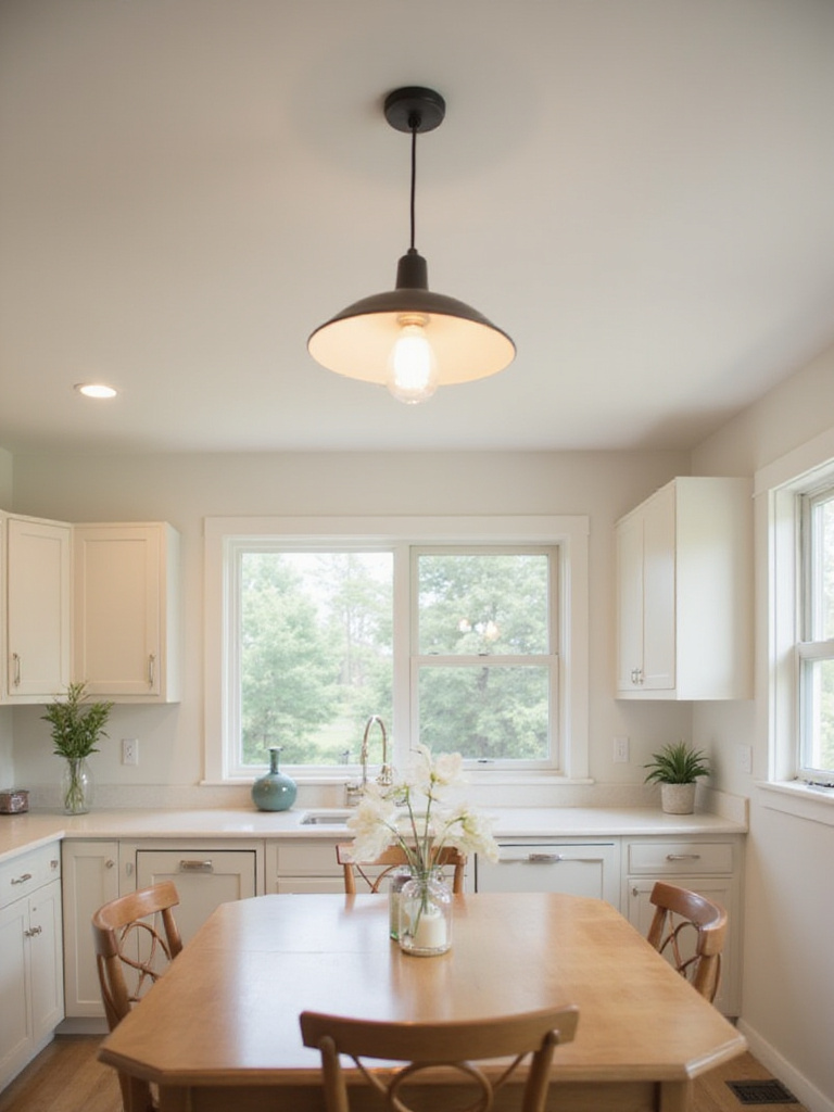 Pendant light hanging at the correct height above a kitchen table, demonstrating good ceiling height consideration.