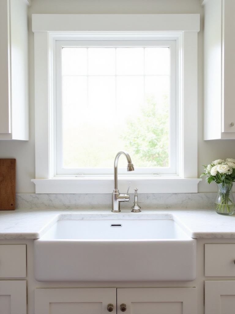 White fireclay farmhouse sink centered in a bright farmhouse kitchen.