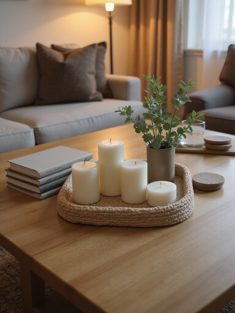 Cozy living room coffee table styled with candles, books, vase, and coasters