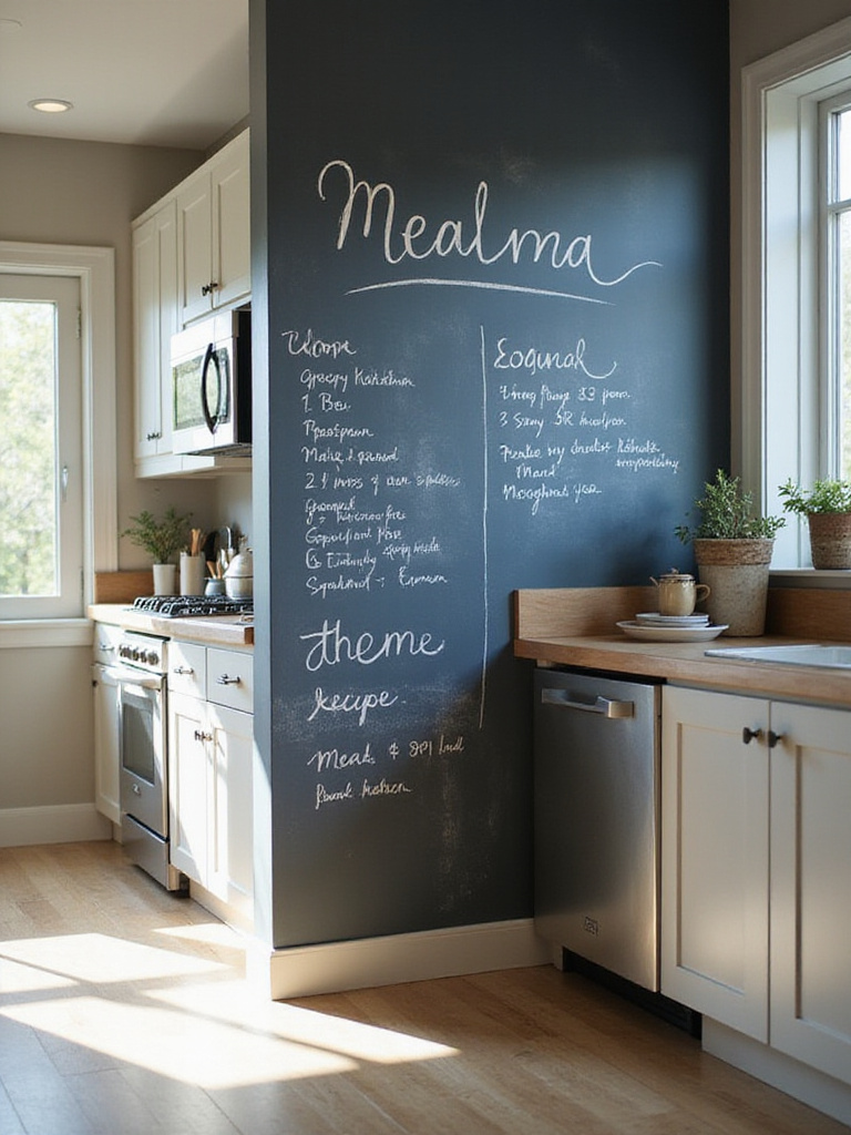 Modern kitchen with a chalkboard paint wall displaying meal plans and grocery lists.
