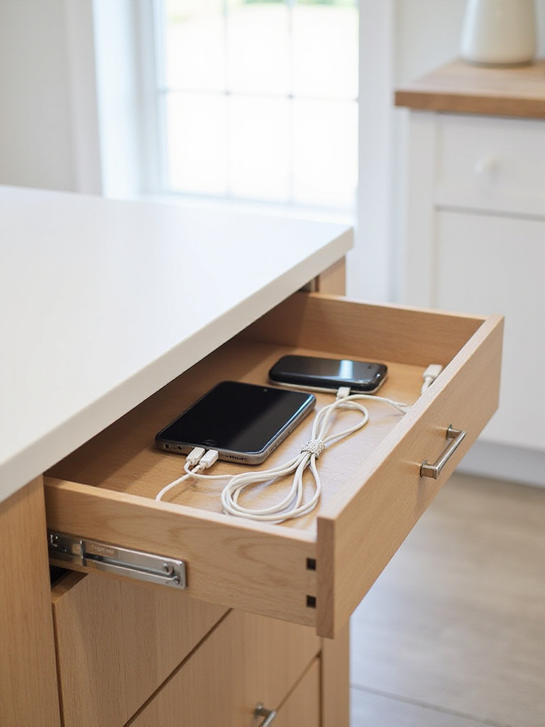 Kitchen island drawer with hidden charging station for phones and tablets