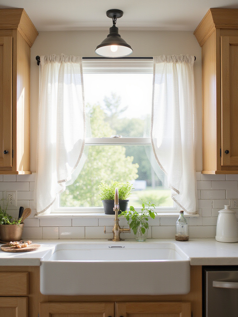 Bright and airy modern farmhouse kitchen with white linen cafe curtains.