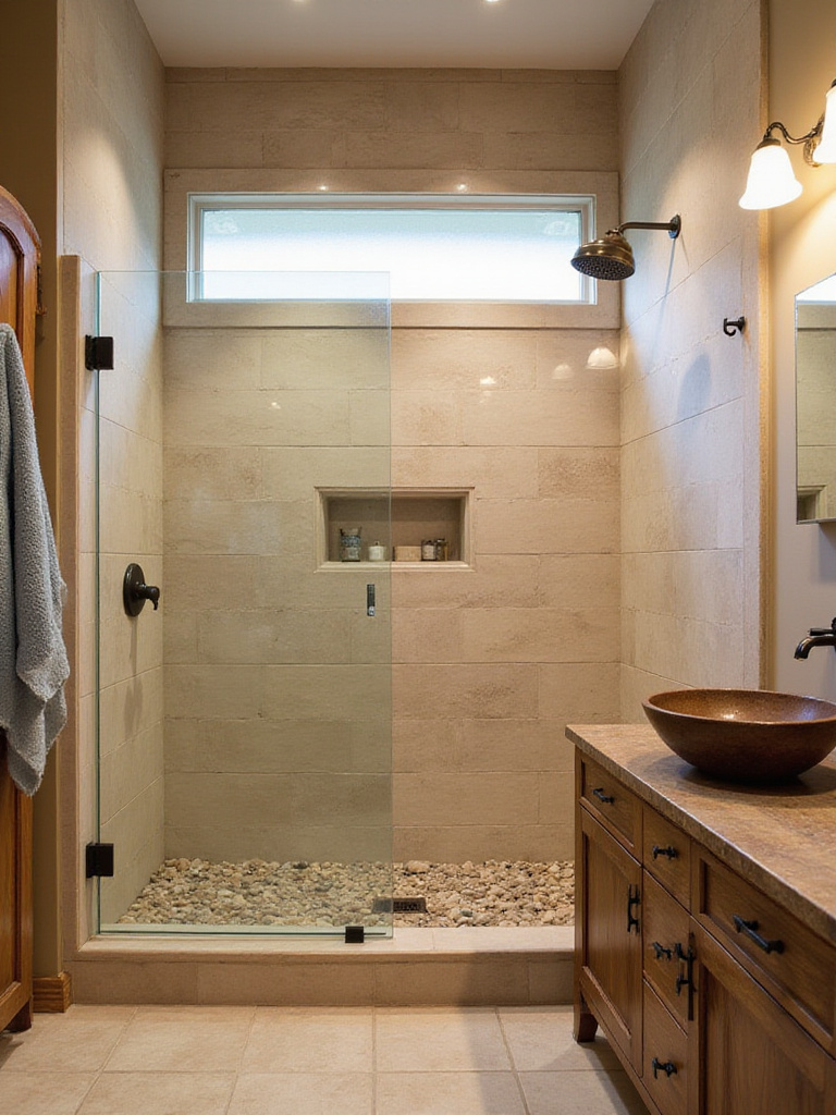 Rustic bathroom with earthy beige travertine tiles in shower.