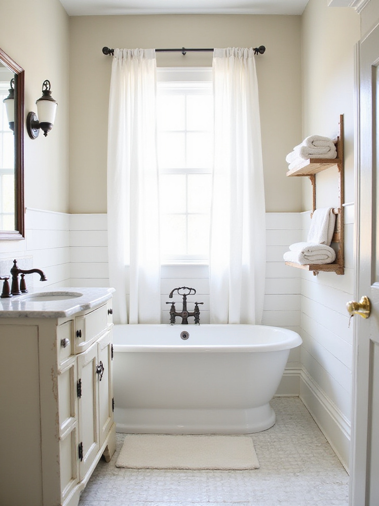 Farmhouse bathroom with white walls, shiplap accent wall, and vintage-style vanity