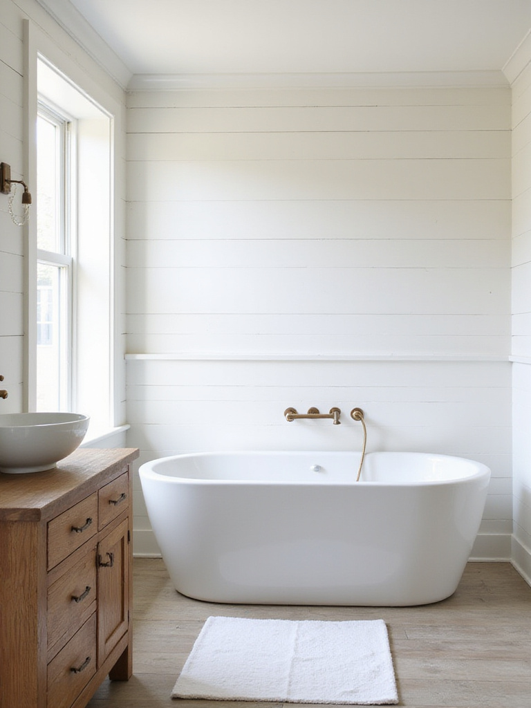 Rustic bathroom with white shiplap walls and a freestanding bathtub
