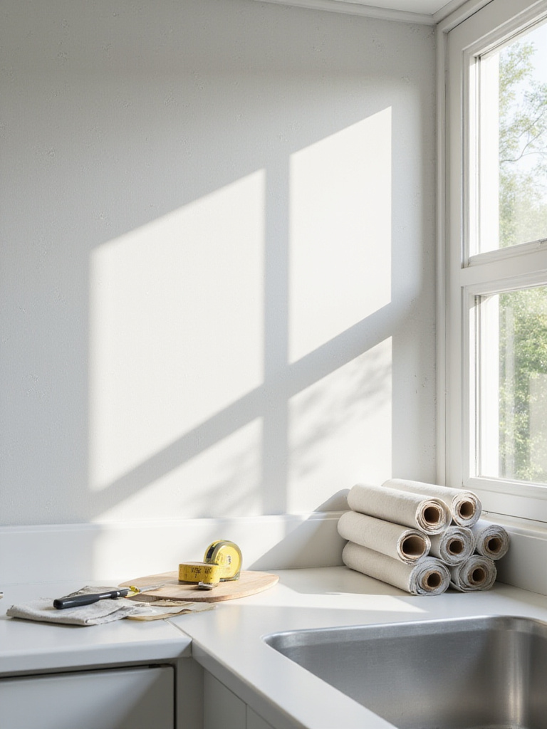 Kitchen with simple geometric wallpaper, minimizing waste