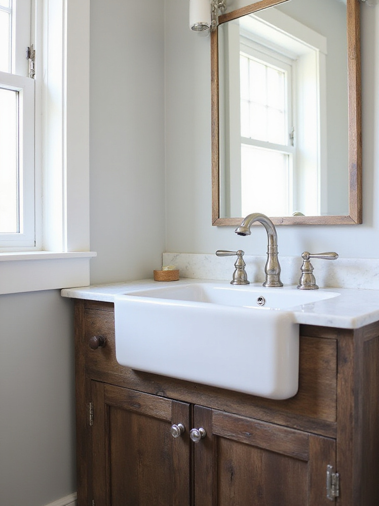Farmhouse bathroom with a white fireclay apron-front sink and reclaimed wood vanity.
