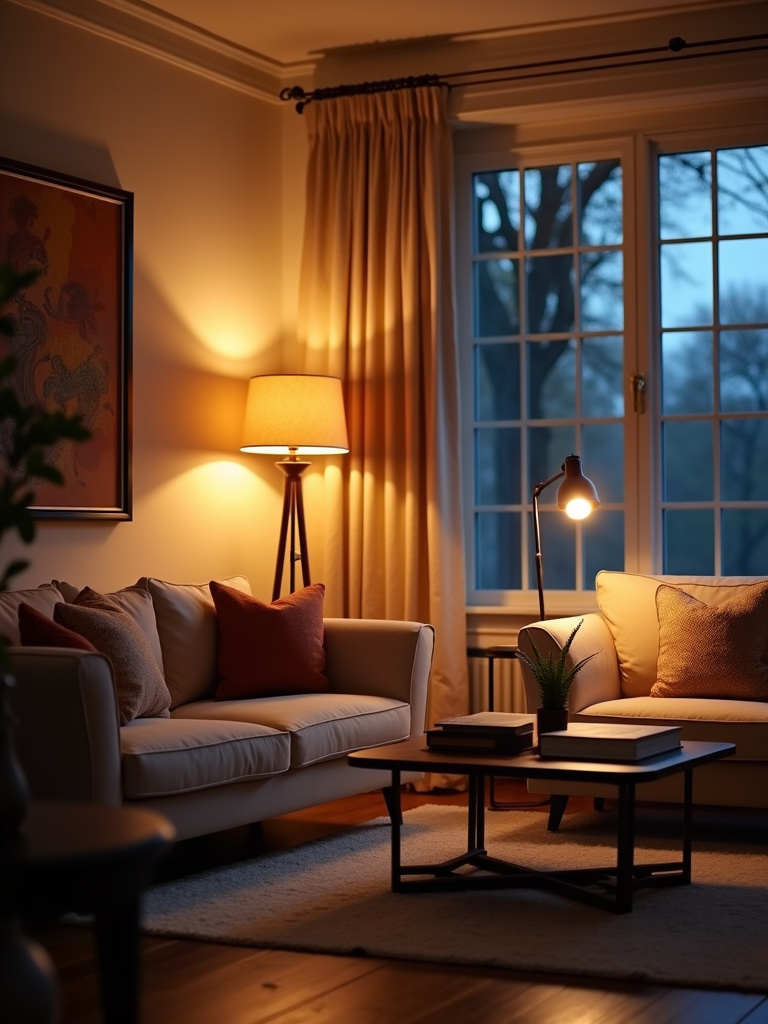 Living room lighting scheme showcasing warm, cool, and daylight color temperatures.