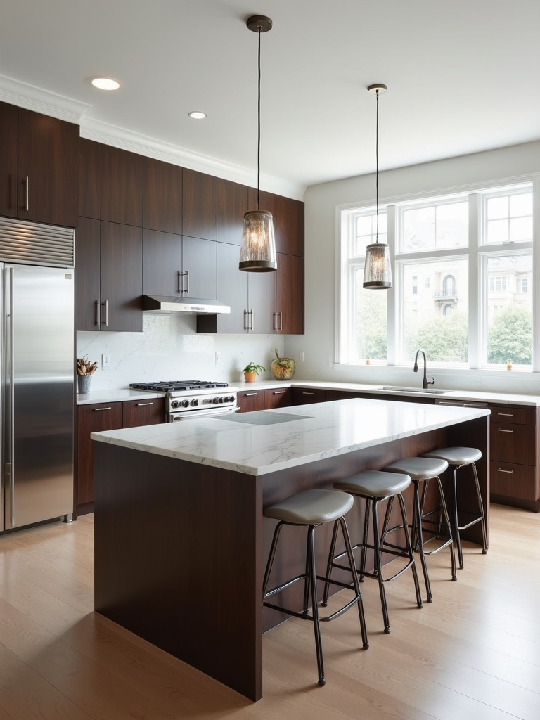 Perfectly sized kitchen island in a modern kitchen, demonstrating proportional design.