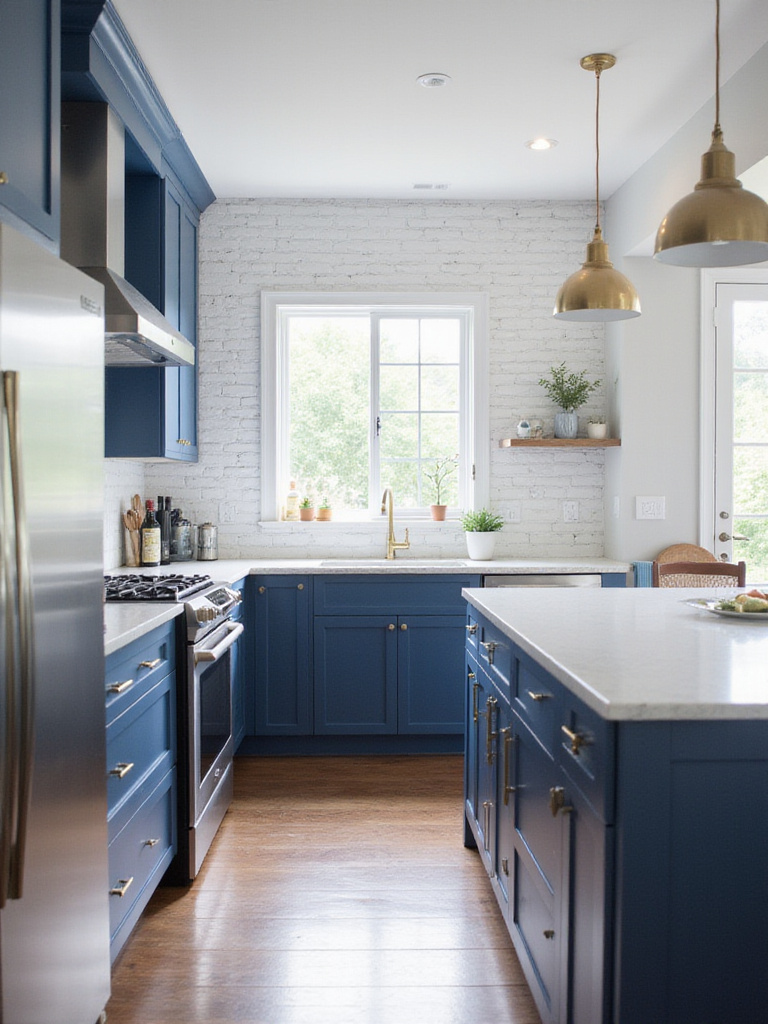 Navy blue kitchen cabinets with white quartz countertops, brass hardware, and white subway tile backsplash.